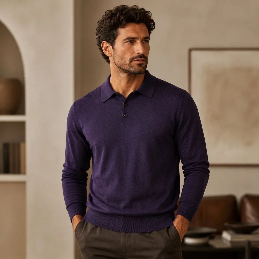 Orvis Mens Purple Long Sleeve Polo Sweater XL Fine Knit Collared Button Up